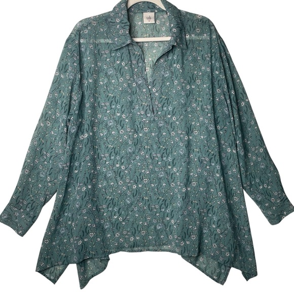 CAbi Tops - Cabi Teal Floral Chase Field of Flowers Sheer Blouse Fairy Whimsical Boho Sz M
